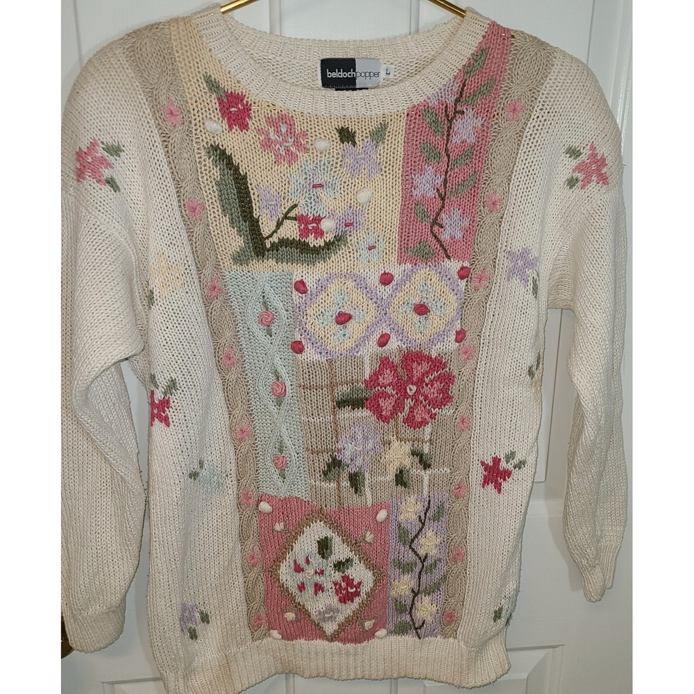 Vtg GrannyCore BeldochPopper Cream Floral Heart CableKnit Sweater Shoulder Pad L
